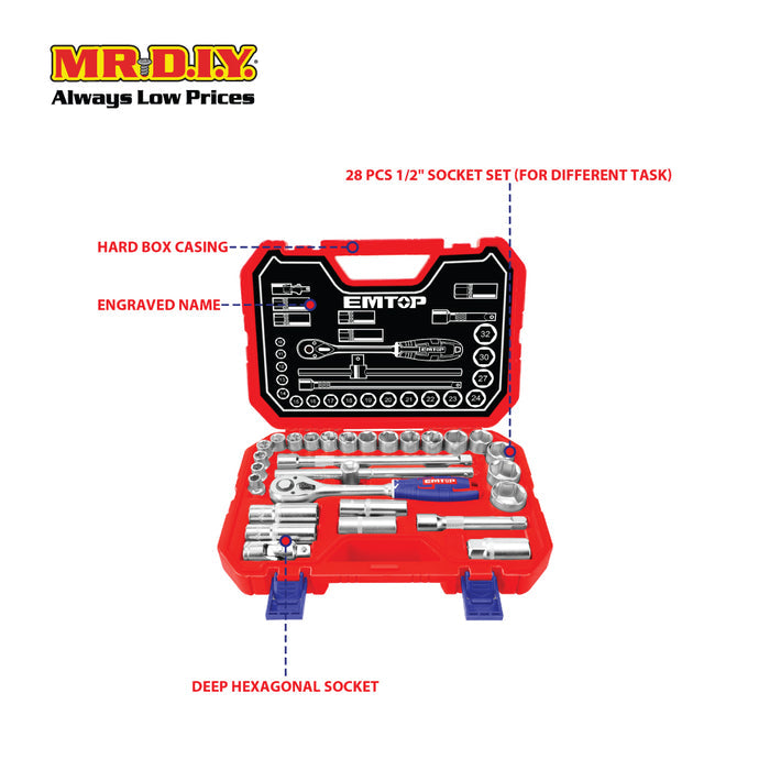 EMTOP 28 Pcs 1/2" socket set  - ESKT12281