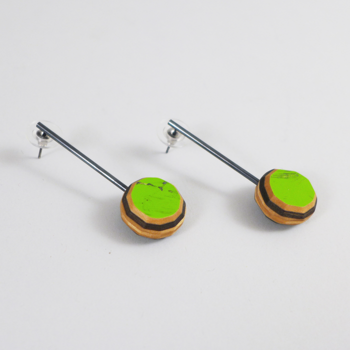 Green dangle post earrings, Handmade, Unique, Colorful skateboard wood jewelry by Tara Locklear at the Center for Art in Wood