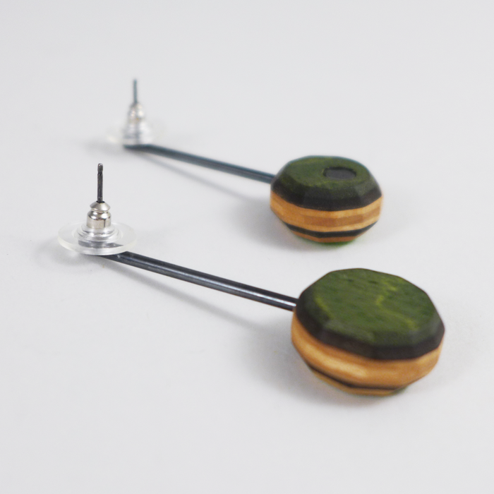Green dangle post earrings, Handmade, Unique, Colorful skateboard wood jewelry by Tara Locklear at the Center for Art in Wood