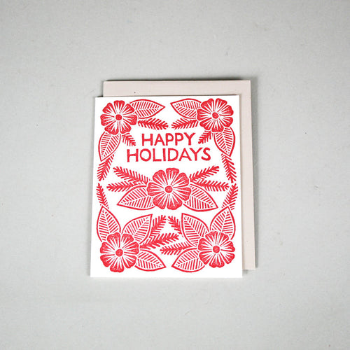 "Happy Holidays" Flower Block Printed Greeting Card